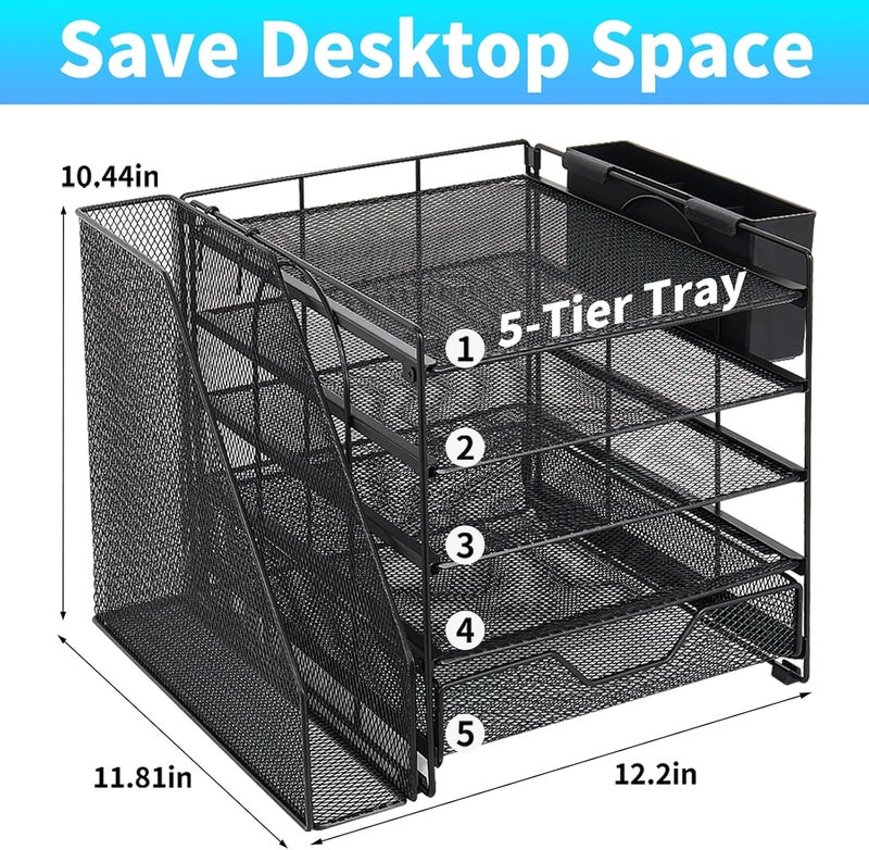 Gugsey Desk Organizer, 5-Tier Paper Letter Tray Organizer with File Holder, Drawer and Pen Holder, Desktop Organizer for Office Supplies, Black - Image 2